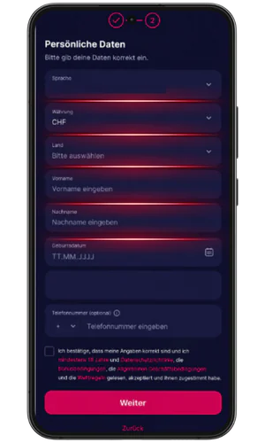 Eingabe persönlicher Daten NV Casino